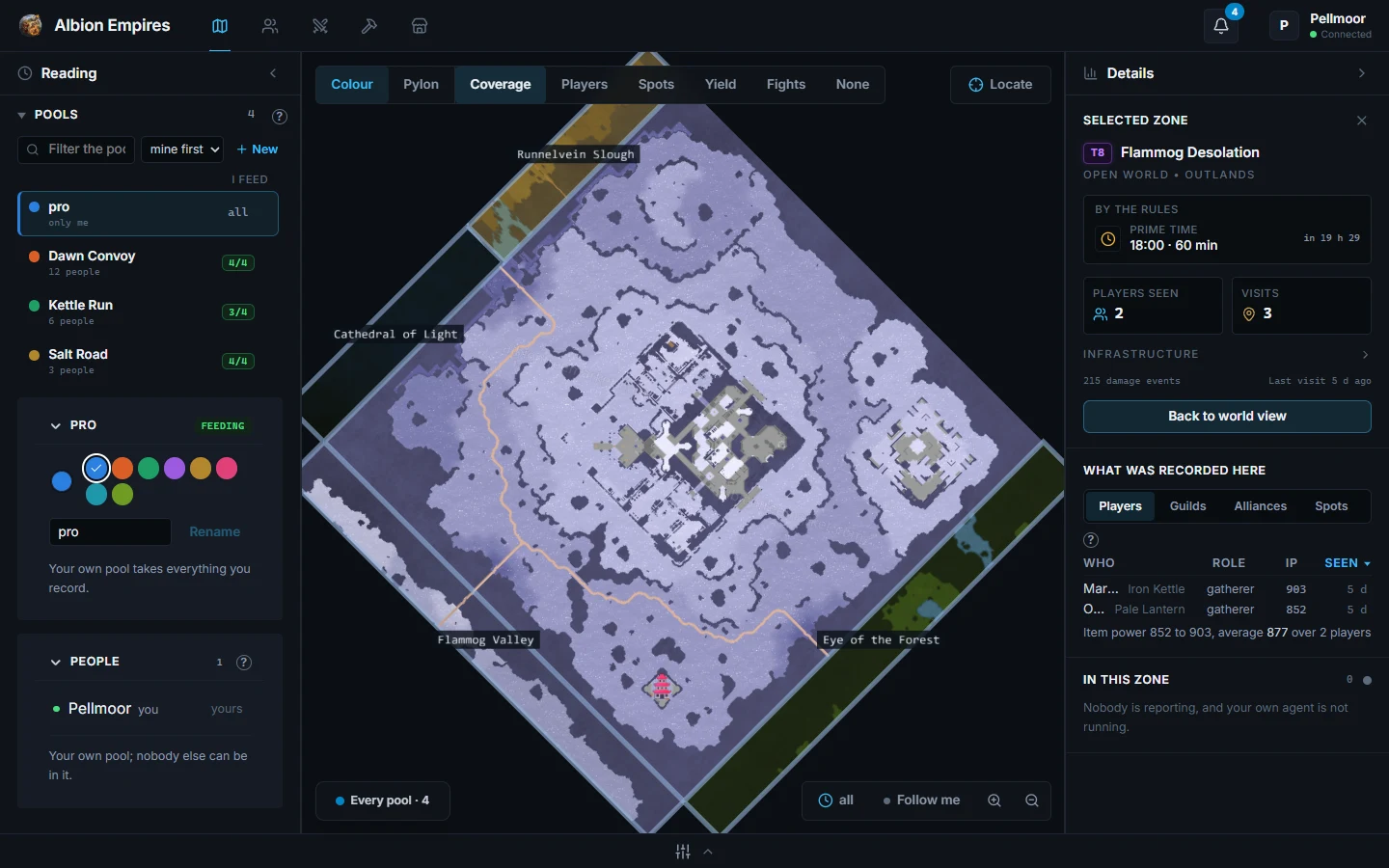 One zone drawn with its real map: its exits named, a hideout marked, and the players recorded there on the right