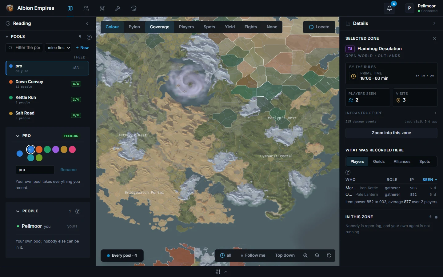 The Outlands on the world map, one zone selected: its prime time, the players seen there with their role and item power, and the last visit